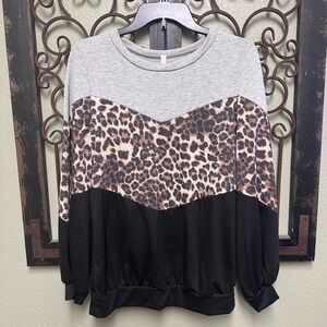 Lilypad crewneck long sleeve grey, black & leopard color block sweatshirt